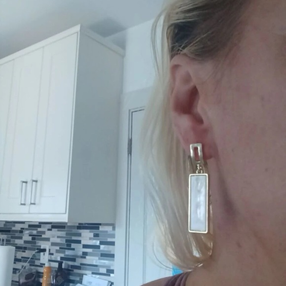 Geometric Rectangular White & Gold Drop Earrings | Minimalist Statement Jewelry - Picture 15 of 16